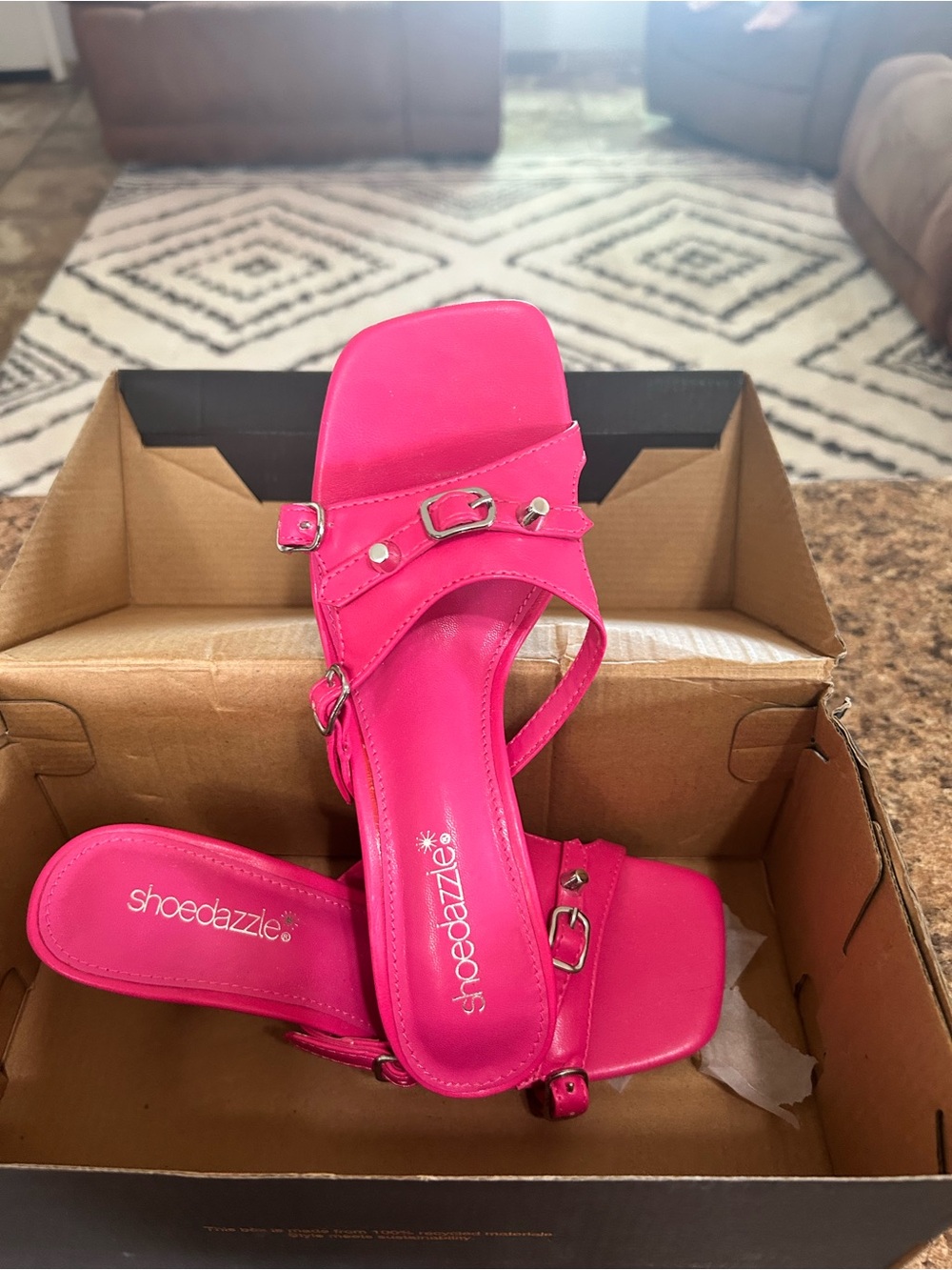 Shoe Dazzle Bright Pink Buckle Strap Mules